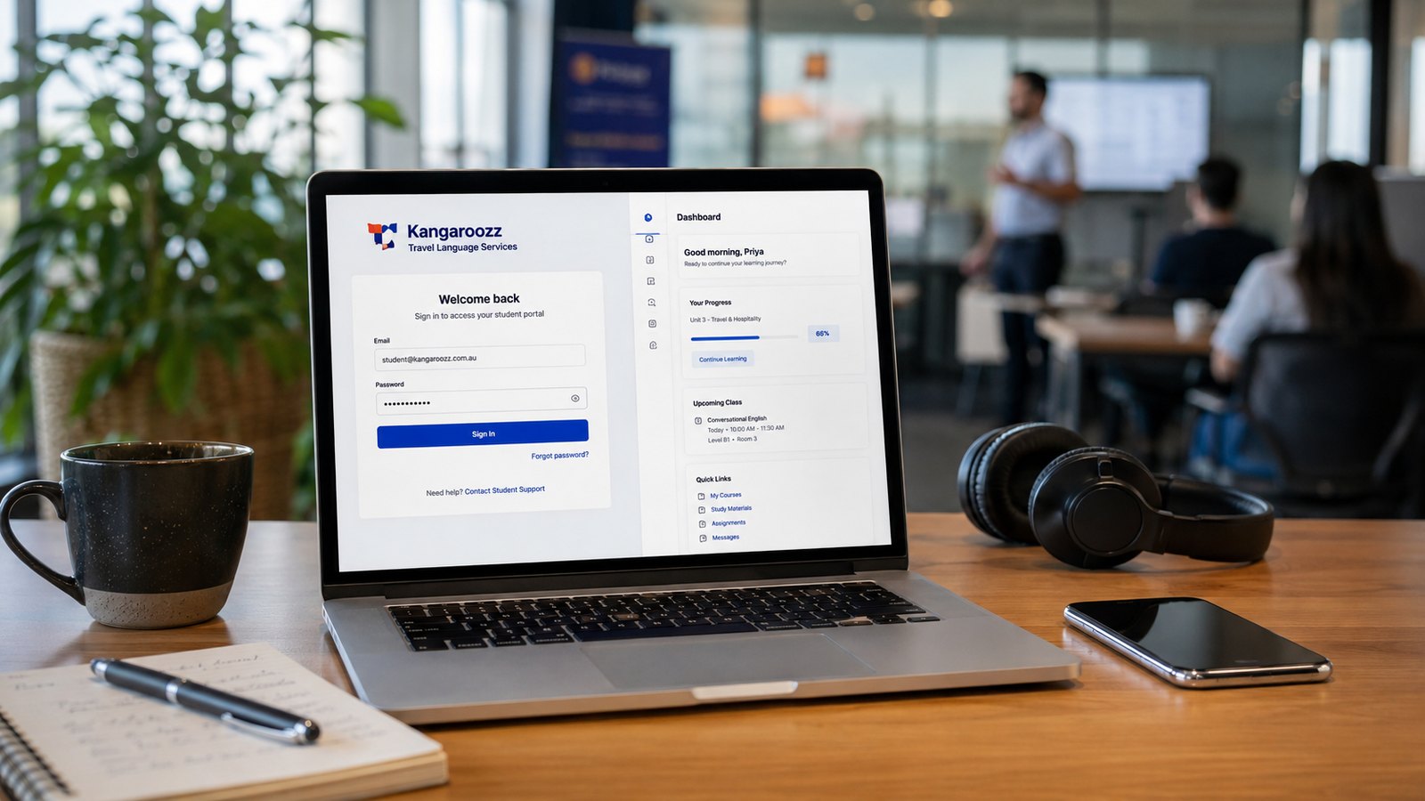 Kangaroozz student portal login screen